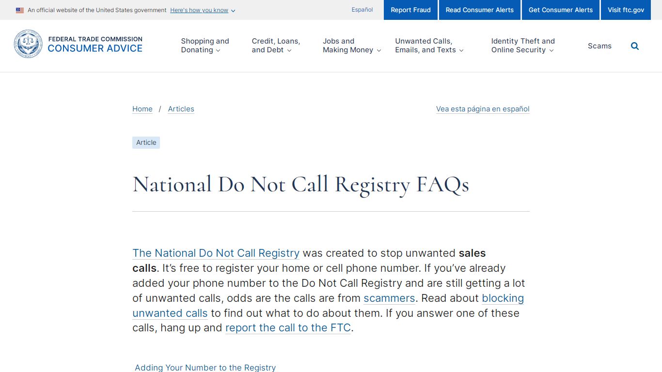 National Do Not Call Registry FAQs | Consumer Advice